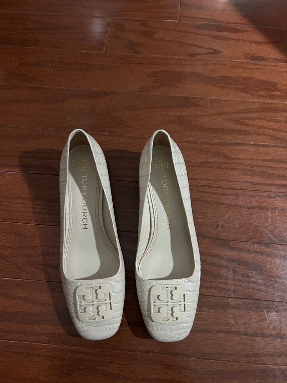 Tory Burch Cream Croc-Embossed Logo Square-Toe Flats